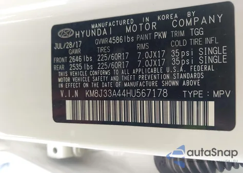 2017 Hyundai Tucson Se from USA, damaged, VIN KM8J33A44HU567178